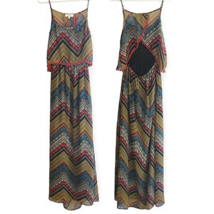 Umgee Aztec Chevron Print Semi Sheer Boho Maxi Dress with Back Cutout Small